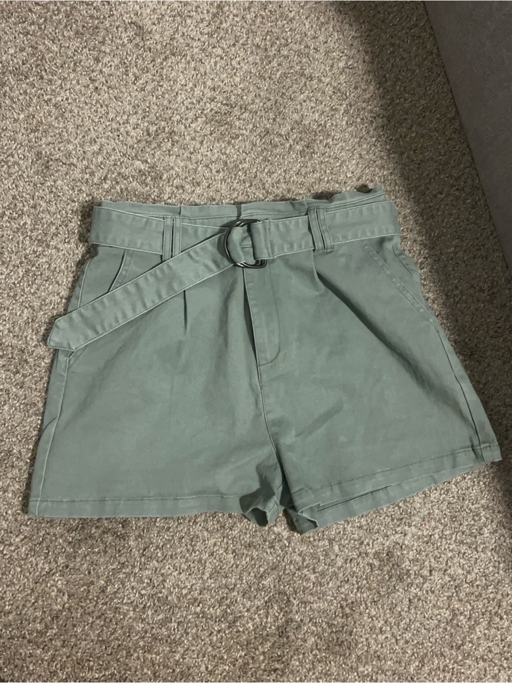 Francesca's Collections High-Waist Belted Shorts in Sage Green